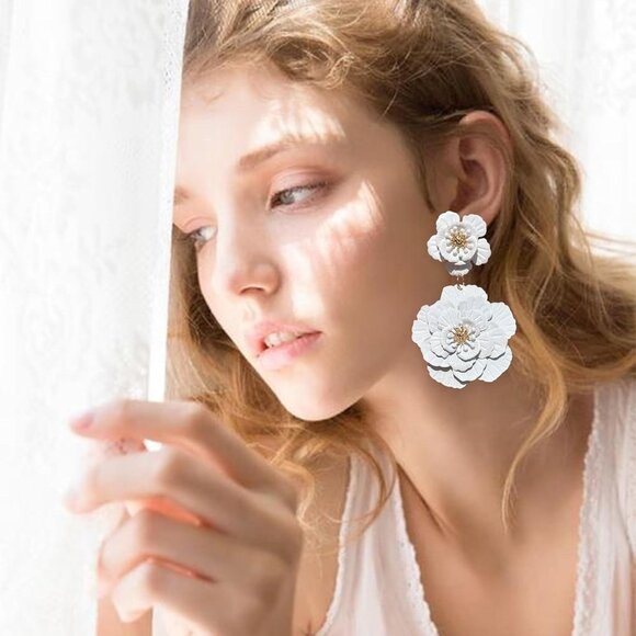 Large Double Flower Earrings Candy Color Metal Flower Dangle Earrings Romantic B - Picture 3 of 6